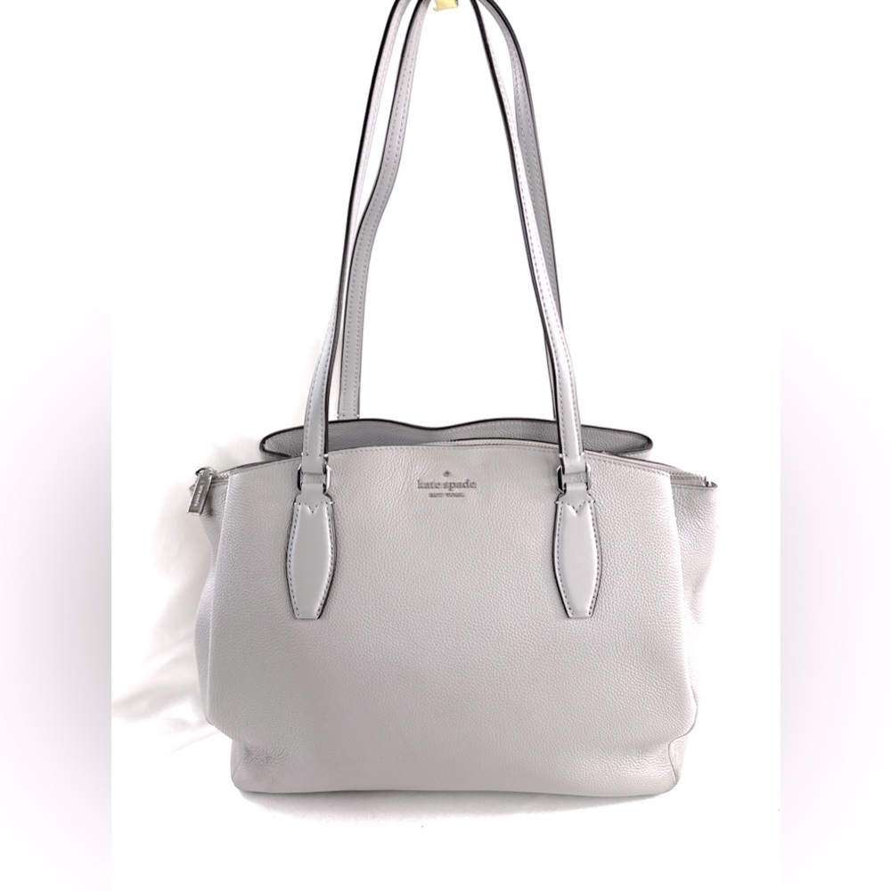 Kate Spade Light Gray Leather Large Satchel Shoulder Bag Brass 3 Sections